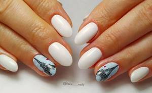 white manicure with eiffel tower