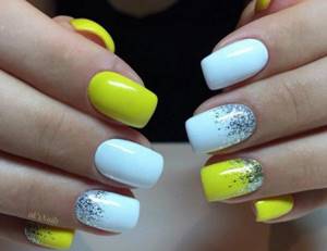 White manicure with yellow