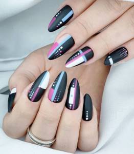 Black matte nails with a pattern of geometry dots and lines.