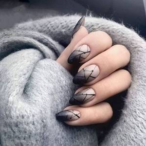 Smoky manicure with an interesting geometric pattern on almond-shaped nails.