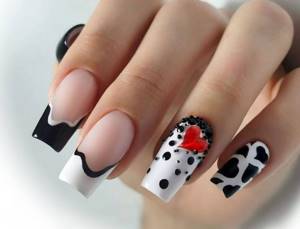 French manicure design with spots and rhinestones