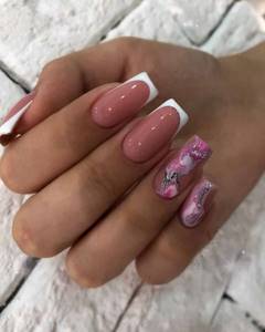 French manicure with marble pattern on long square nails