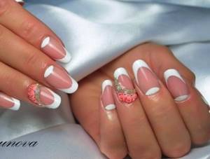 French on almond-shaped nails: new items for 2022. Design with rhinestones, sparkles, rubbing, gel polish pattern