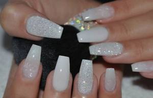 French on almond-shaped nails: new items for 2022. Design with rhinestones, sparkles, rubbing, gel polish pattern