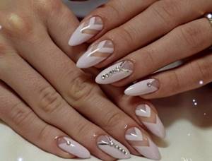 French on almond-shaped nails: new items for 2022. Design with rhinestones, sparkles, rubbing, gel polish pattern