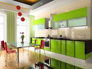 interior in bright colors, light green kitchen with bright accents