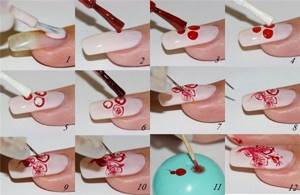 How to learn to paint on nails with gel polish, acrylic paints, a needle, design fine lines, patterns, curls. Step by step with photo 