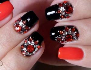 red and white rhinestones on nails