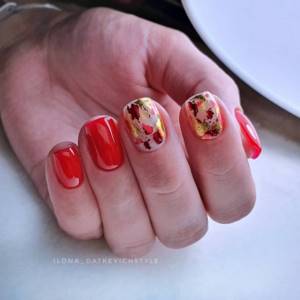 Red-nude manicure square with gold and red foil
