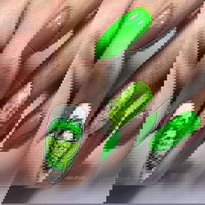 Summer neon manicure in acid green and white tones with designs