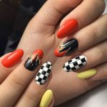 Manicure with fire on nails, checkered patterns, chess, pink, black, white. Photo, how to make 