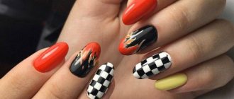 Manicure with fire on nails, checkered patterns, chess, pink, black, white. Photo, how to make 