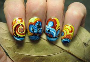 Manicure with a pattern with acrylic paints