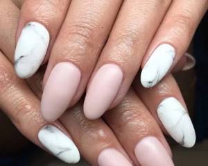 Marble manicure with gel polish for short and long nails. Photo, design 