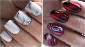 Marble manicure with gel polish for short and long nails. Photo, design 