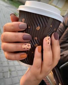 Extended manicure with coffee print