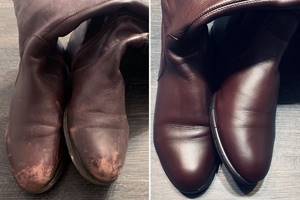 Boots before and after treatment with liquid leather