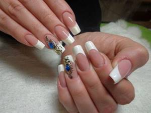 Blue liquid stones on nails with white French