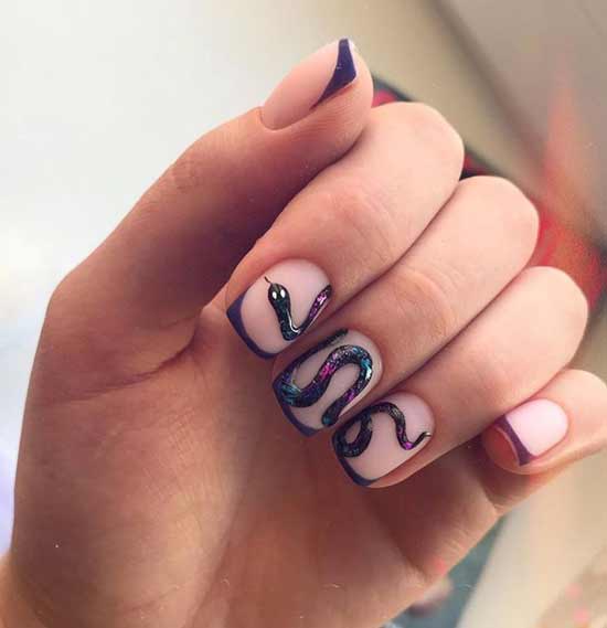 Dark French manicure with snake
